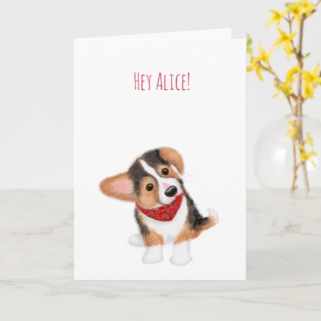 Corgi puppy tänker på ditt personlig-kort kort (Gul blomma)