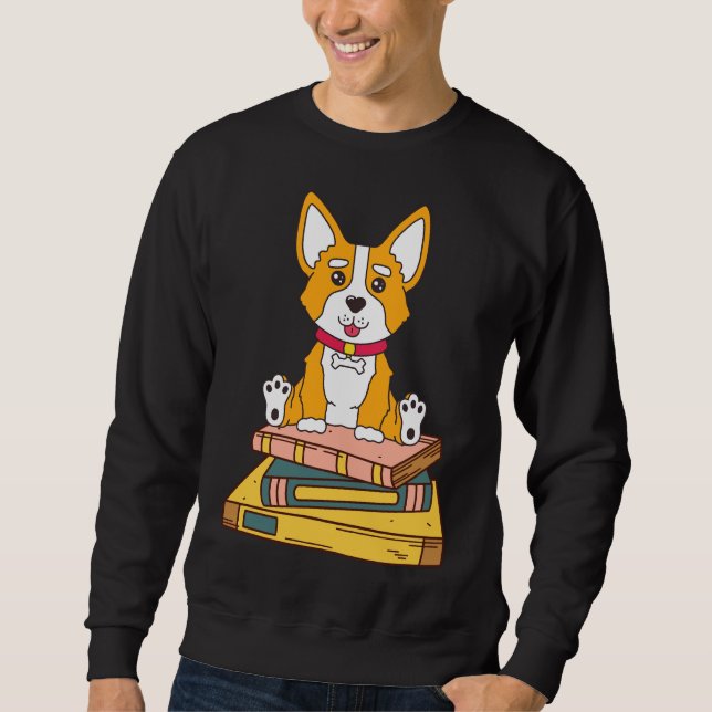 Corgi Reading Lång Ärmad Tröja (Framsida)