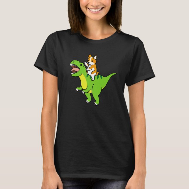 Corgi Ridande Rex Dinosaur Hund T Shirt (Framsida)