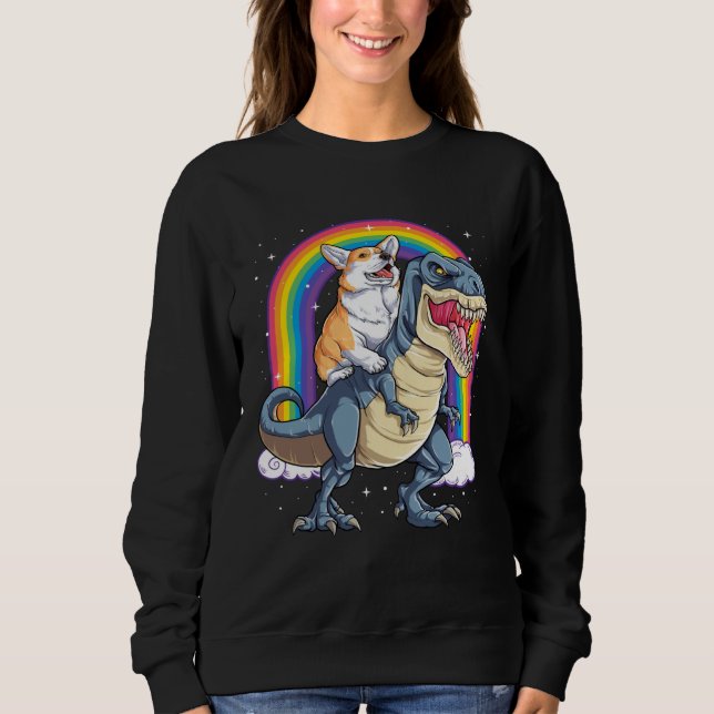 Corgi Riding Dinosaur rex  Men Women Rainbow T Shirt (Framsida)