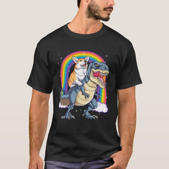 Corgi Riding Dinosaur rex  Men Women Rainbow T Shirt (Framsida)