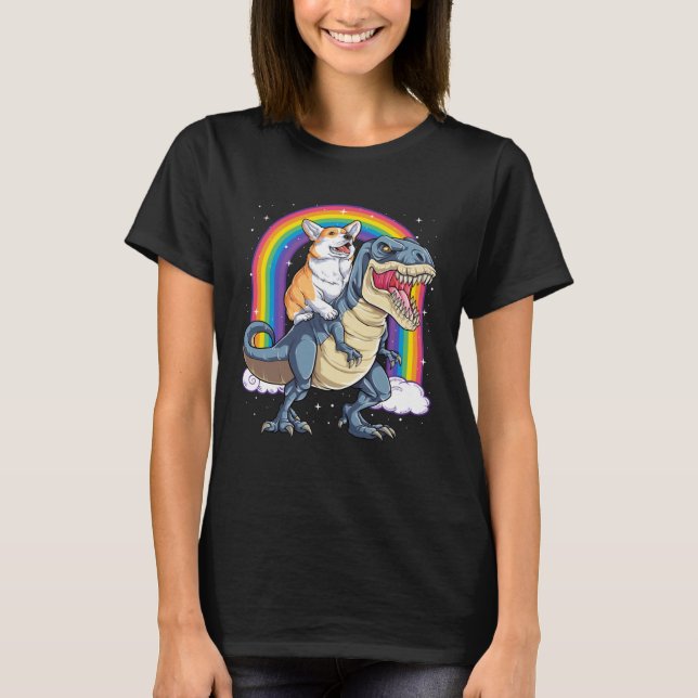 Corgi Riding Dinosaur rex  Men Women Rainbow T Shirt (Framsida)