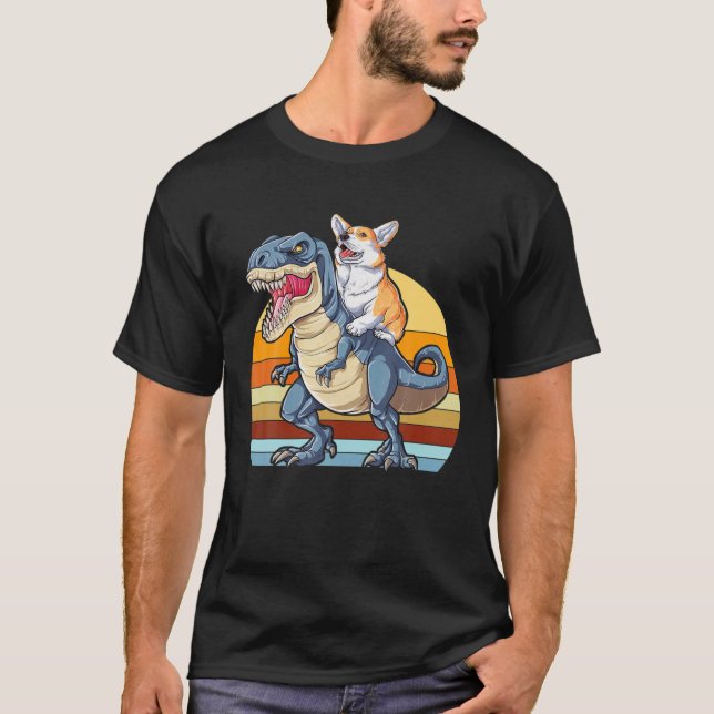 Corgi Riding Dinosaur T Rex Cute Corgis Hund älska Shirt (Framsida)