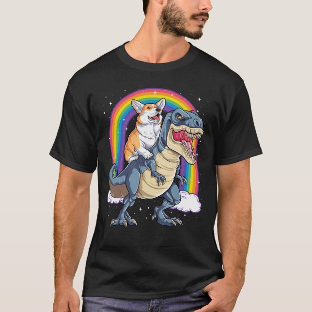 Corgi Riding Dinosaur T rex Shirt Funny Rainbow Do (Framsida)