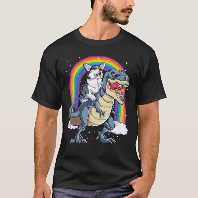 Corgi Riding Dinosaur T rex Shirt Funny Rainbow Do (Framsida)
