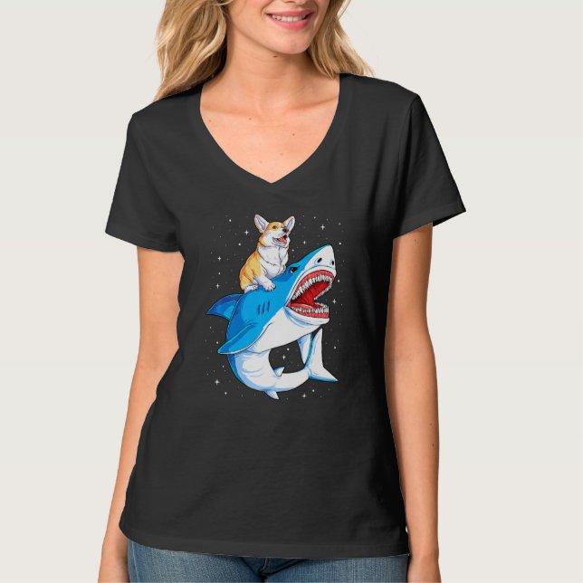 Corgi Riding Shark Jawsome Hund Space Galaxy T Shirt (Framsida)