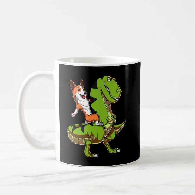 Corgi Riding T-Rex Dinosaur Rolig hund Kaffemugg (Vänster)