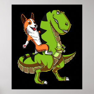 Corgi Riding T-Rex Dinosaur Rolig hund Poster