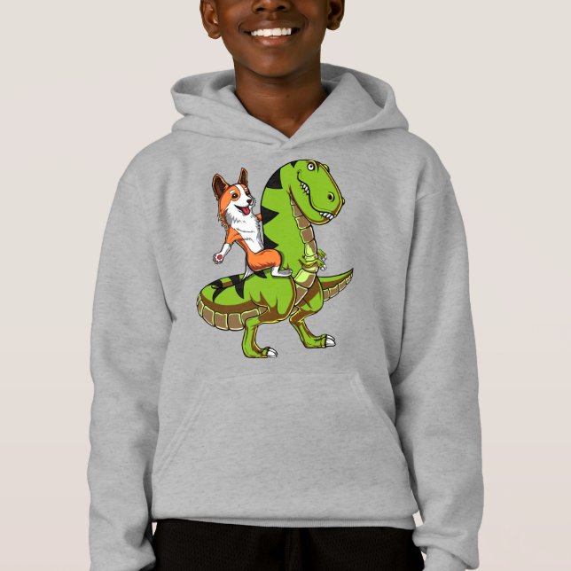 Corgi Riding T-Rex Dinosaur Rolig hund T Shirt (Framsida)