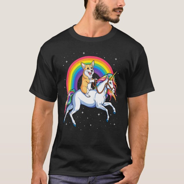 Corgi Riding Unicorn Girls Kids Rainbow Space Gala T Shirt (Framsida)