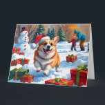 Corgi Runin i Snö med julklapp Kort<br><div class="desc">En glad Corgi springa som leker genom snövinteckan och bär en festlig röd julhatt. Denna glatta utformning belyser rasens kort ben,  flyktiga jackar och levande personlighet samtidigt som den fångar upp julhelgens värme och charm. Vinterögonblicket är varmt,  fullt av festlig själ.</div>