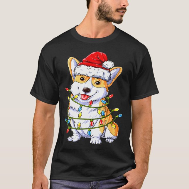 Corgi Santa Christmas Tree Lights Xmas T Shirt (Framsida)