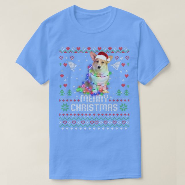 Corgi Santa Hat Hund Julgran Ljus Helgdag T Shirt (Design framsida)