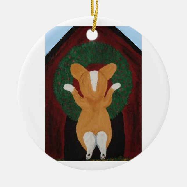 Corgi sätter julkrans på hundhus julgransprydnad keramik (Framsidan)