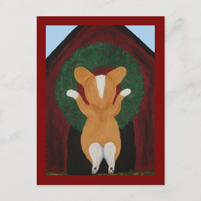 Corgi sätter julkrans på hundstuga vykort (Framsida)
