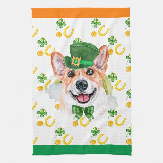 Corgi Semester Hem Inredning St Patricks Day Kökshandduk (Vertikal)