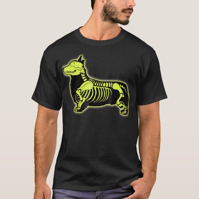 Corgi Skeleton Halloween Manar Hund Skull T Shirt (Framsida)