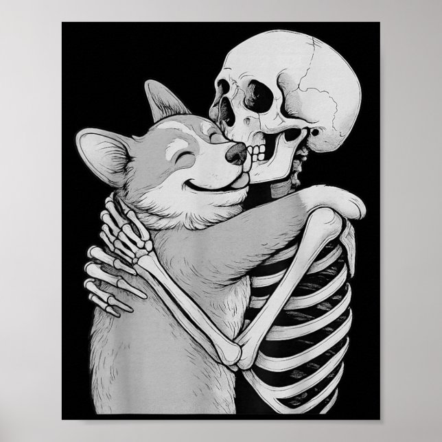 Corgi Skelett Kram Halloween Hund Älskare Poster (Framsidan)