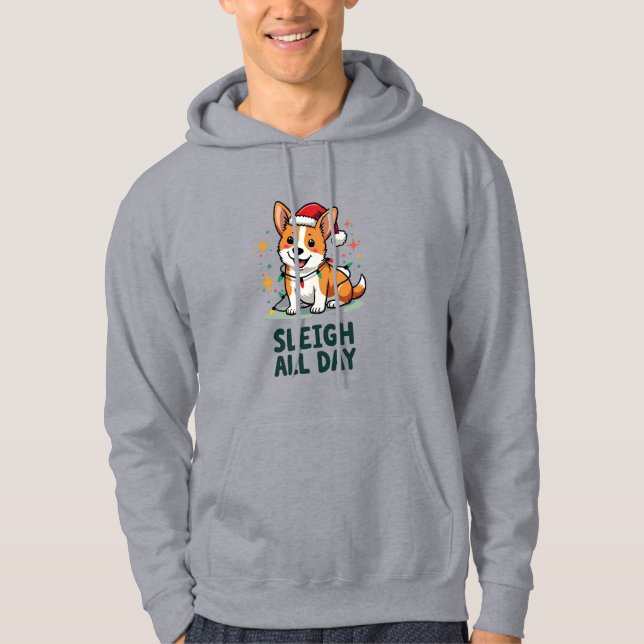 Corgi Sleigh All Day Funny Christmas Hoodie (Framsida)