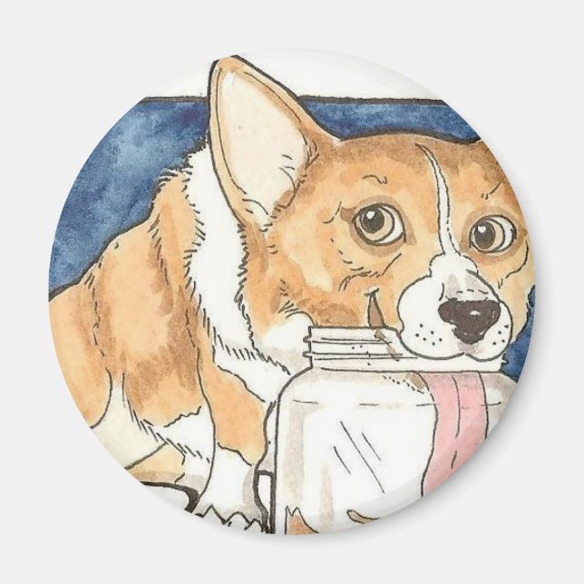 Corgi slickande peanut Butter Burk Magnet (Framsidan)