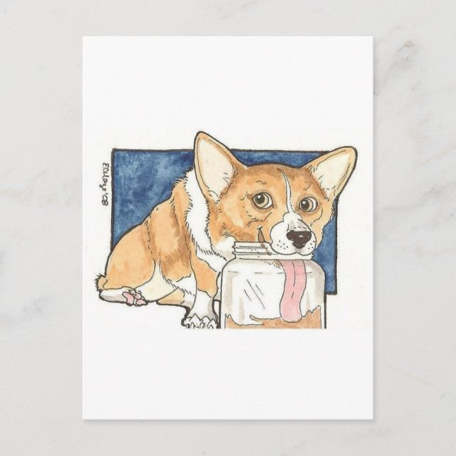 Corgi slickande peanut Butter Burk Vykort (Framsida)