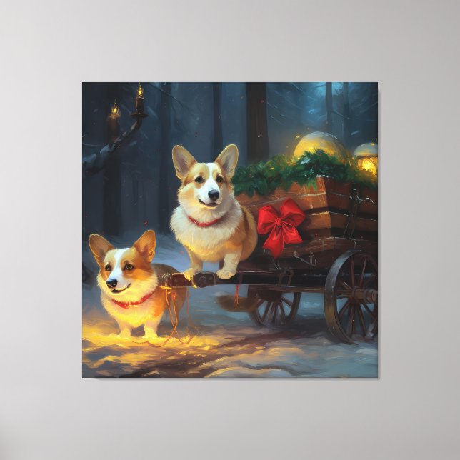 Corgi Snowy Sleigh-juldekretet Canvastryck (Framsida)