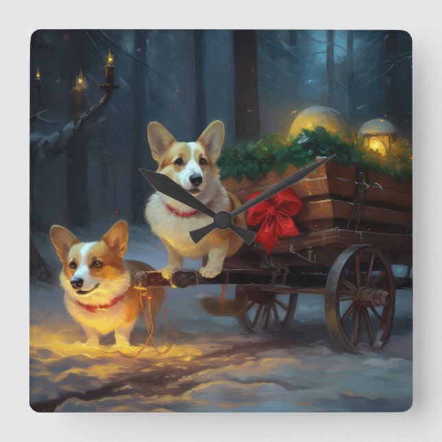 Corgi Snowy Sleigh-juldekretet Fyrkantig Klocka (Framsida)