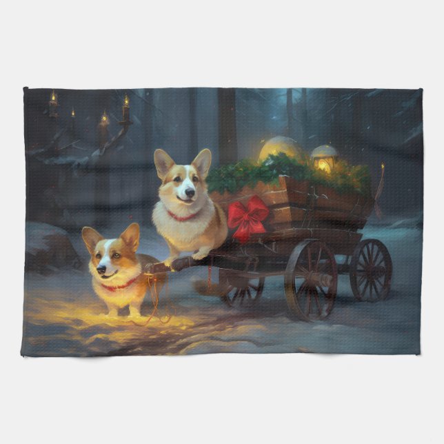 Corgi Snowy Sleigh-juldekretet Kökshandduk (Horisontell)
