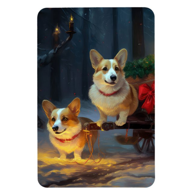 Corgi Snowy Sleigh-juldekretet Magnet (Vertikal)