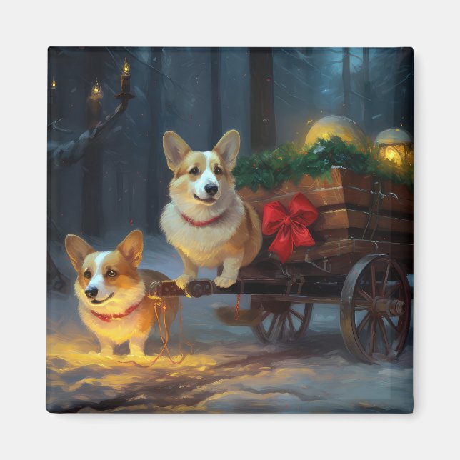 Corgi Snowy Sleigh-juldekretet Magnet (Framsidan)