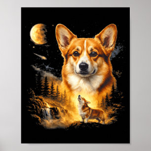 Corgi som ylar mot månen vintage 90-tal rolig hund poster