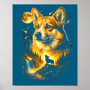 Corgi som ylar mot månen vintage 90-tal rolig hund poster