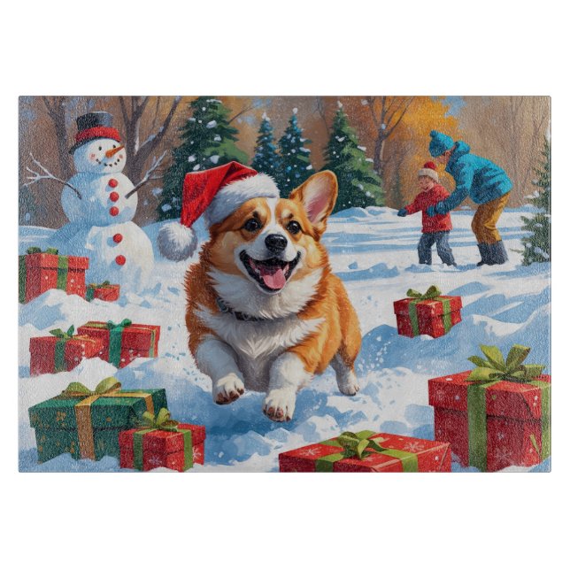 Corgi springer i snö med julhatt (Framsidan)