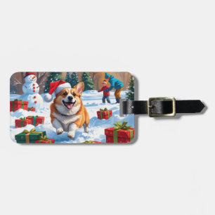 Corgi springer i snö med julhatt bagagebricka