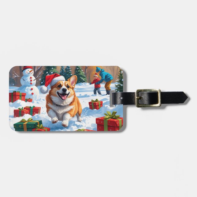 Corgi springer i snö med julhatt bagagebricka (Horisontell Framsida)