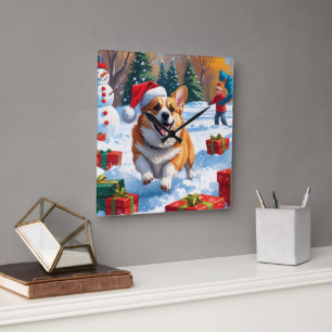 Corgi springer i snö med julhatt fyrkantig klocka