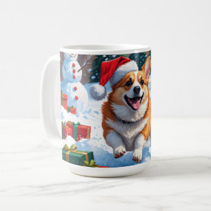 Corgi springer i snö med julhatt kaffemugg