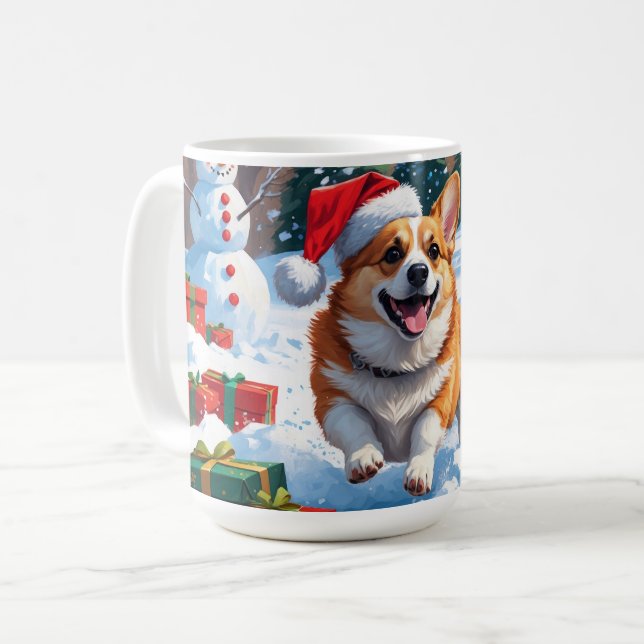 Corgi springer i snö med julhatt kaffemugg (Framsida vänster)