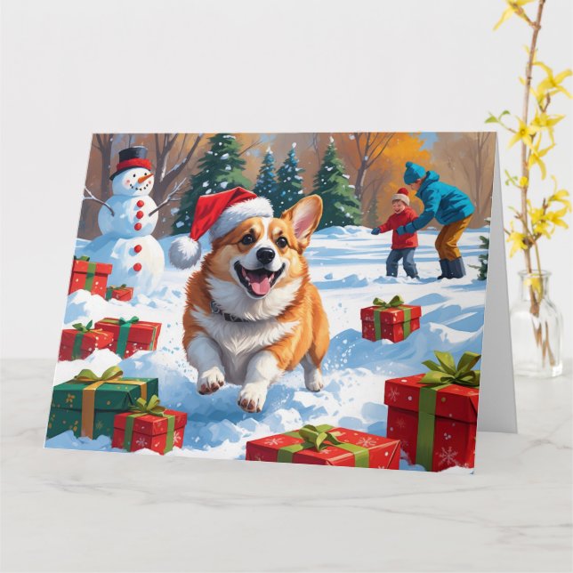 Corgi springer i snö med julhatt kort (Gul blomma)