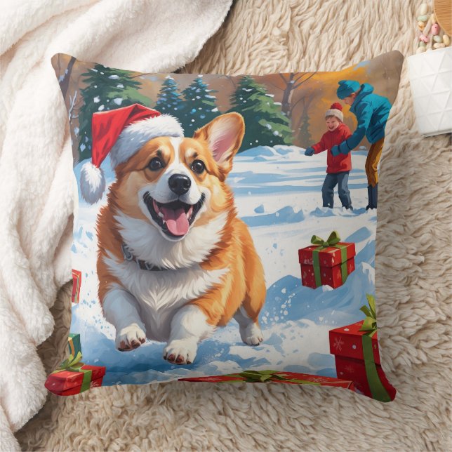 Corgi springer i snö med julhatt kudde (Filt)