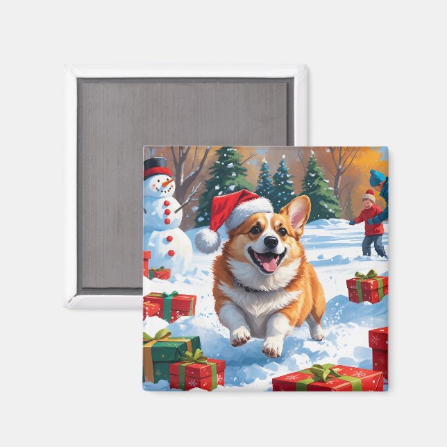 Corgi springer i snö med julhatt magnet (Front/Back)