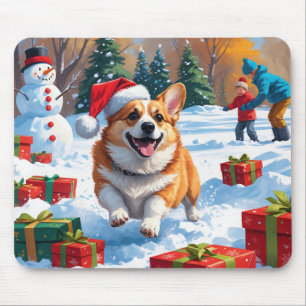 Corgi springer i snö med julhatt musmatta