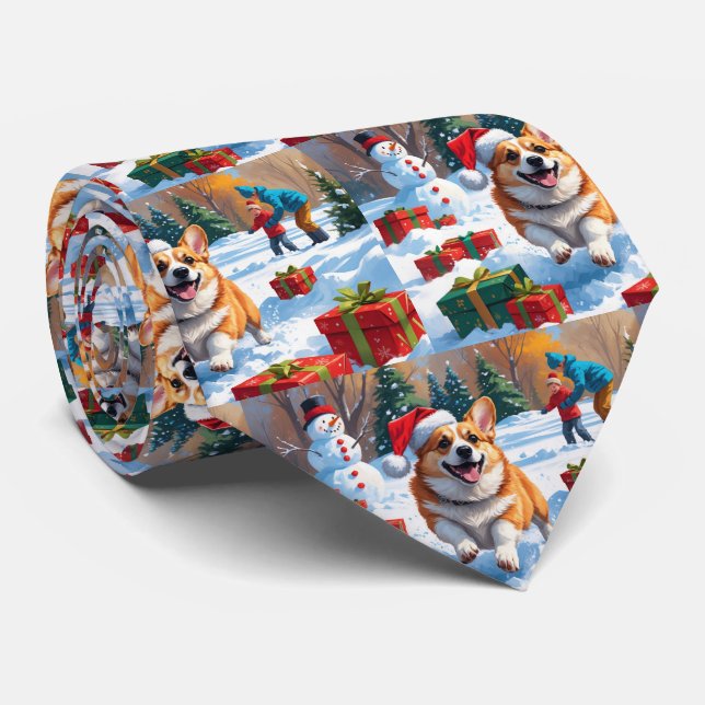 Corgi springer i snö med julhatt slips (Rullad)