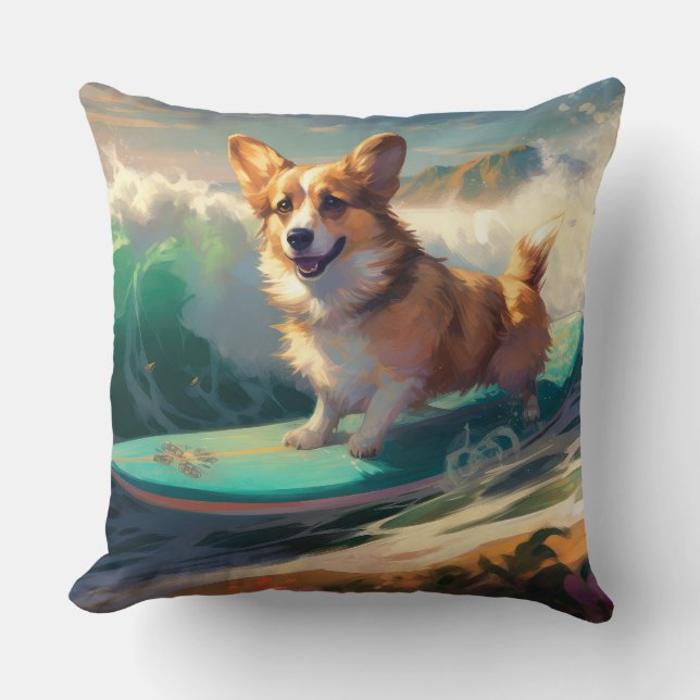 Corgi  Strand Surfing Målning Kudde (Framsida)