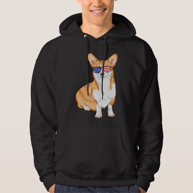 Corgi Sunglasses American Flagga Hund Hoodie (Framsida)