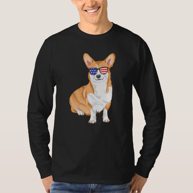 Corgi Sunglasses American Flagga Hund T Shirt (Framsida)