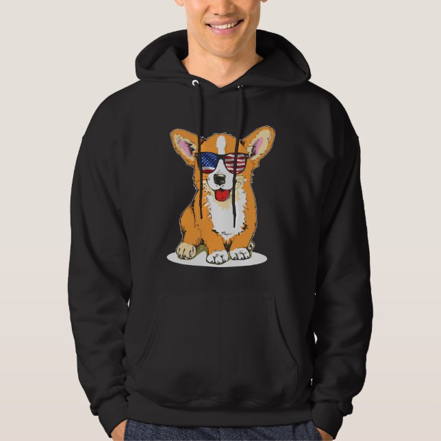 Corgi Sunglasses Merica Flagga Th of June Patrioti Hoodie (Framsida)