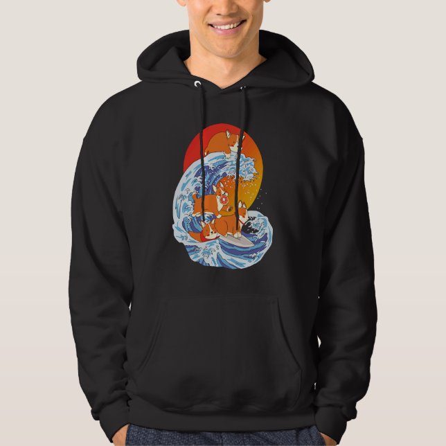 Corgi Surfer Surfing Surf Board Corgi Hoodie (Framsida)