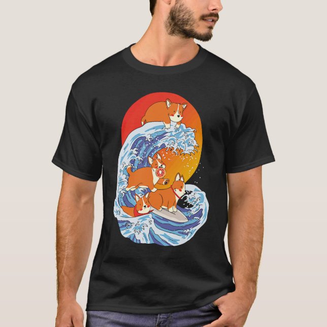 Corgi Surfer Surfing Surf Board Corgi T Shirt (Framsida)