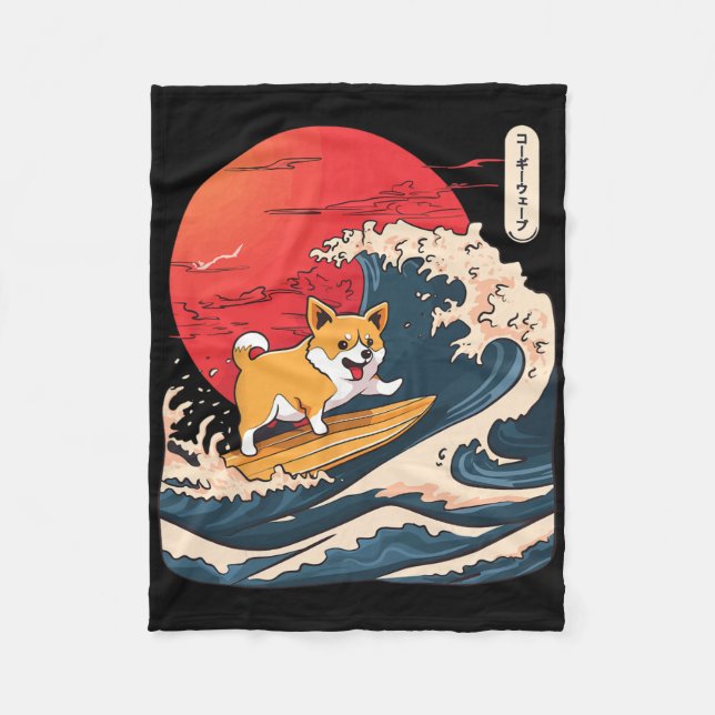 Corgi surfing japansk våg _4 fleecefilt (Framsidan)